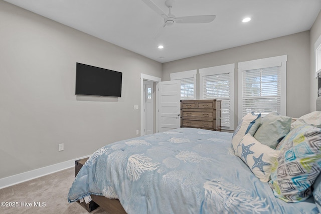 bedroom featuring baseboards, a ceiling fan, carpet flooring, and recessed lighting