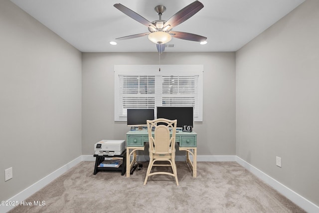 carpeted office with visible vents, a ceiling fan, baseboards, and recessed lighting