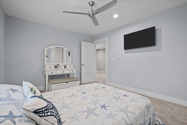 bedroom featuring a ceiling fan, baseboards, carpet, and recessed lighting