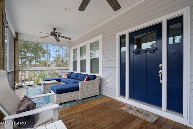 exterior space featuring ceiling fan and an outdoor hangout area