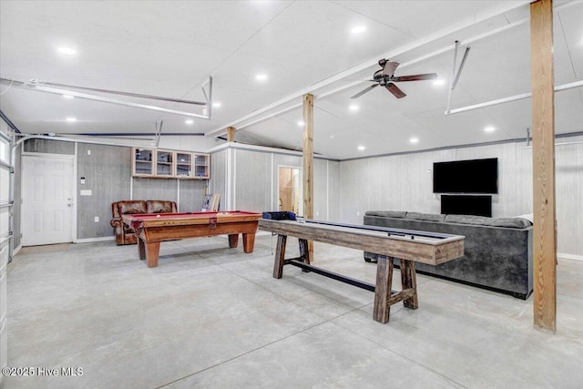 game room featuring ceiling fan, billiards, and wooden walls