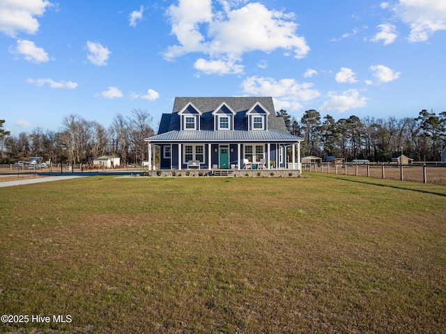 cape cod home featuring covered porch and a front yard