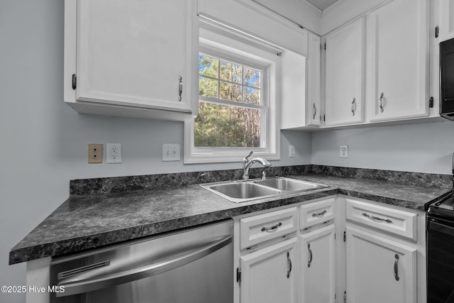 kitchen with white cabinetry, sink, electric range oven, and stainless steel dishwasher