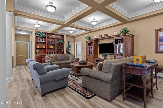 living room with light wood-type flooring, crown molding, coffered ceiling, and beamed ceiling