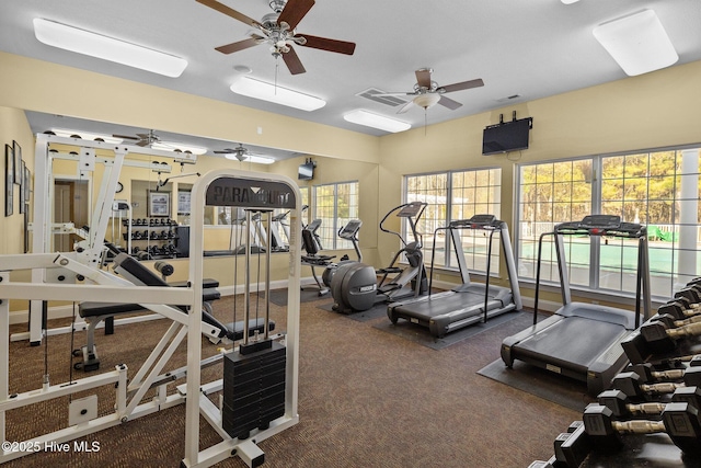 workout area featuring dark carpet