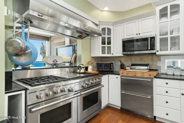 kitchen featuring white cabinetry, extractor fan, appliances with stainless steel finishes, decorative backsplash, and dark wood-type flooring