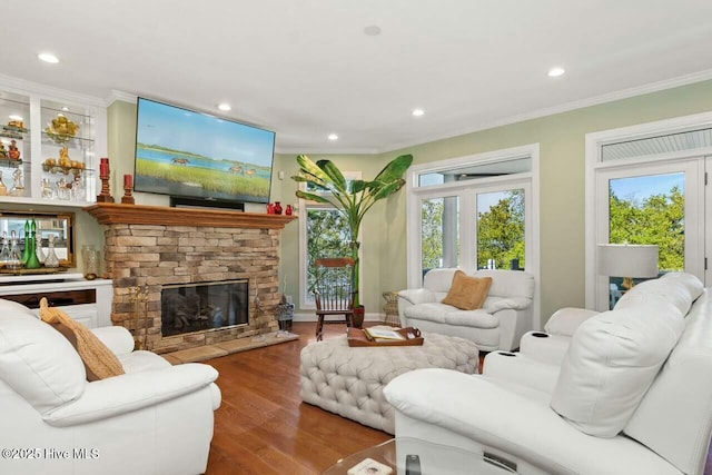 living room featuring crown molding, wood-type flooring, and a stone fireplace