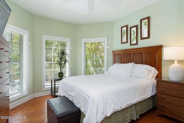 bedroom featuring ceiling fan and dark hardwood / wood-style floors