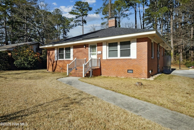 bungalow-style house featuring crawl space, a chimney, a front lawn, and brick siding