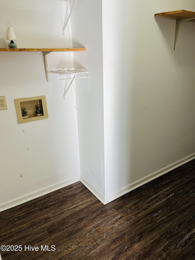 clothes washing area with wood-type flooring and hookup for a washing machine