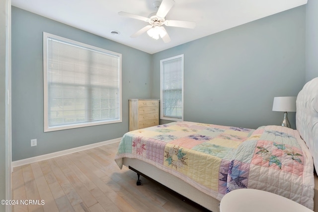 bedroom with ceiling fan and light wood-type flooring