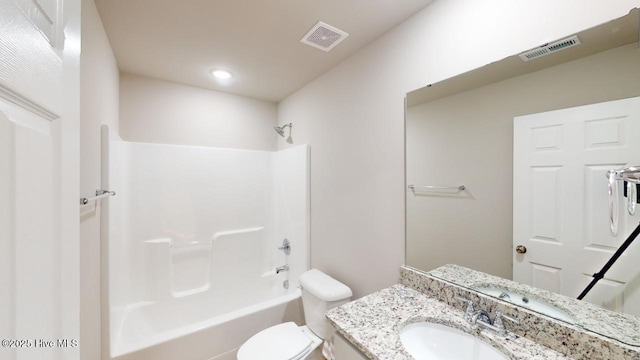 full bathroom with toilet, tub / shower combination, and vanity