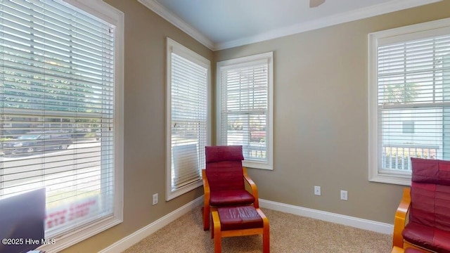 living area with light colored carpet, a wealth of natural light, and ornamental molding