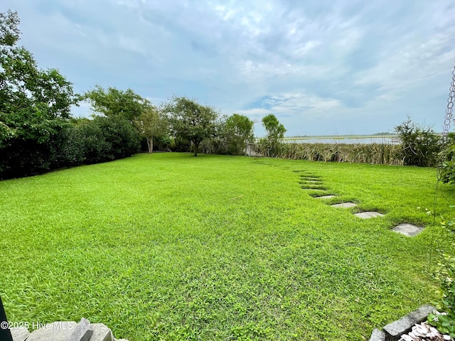 view of yard with a water view