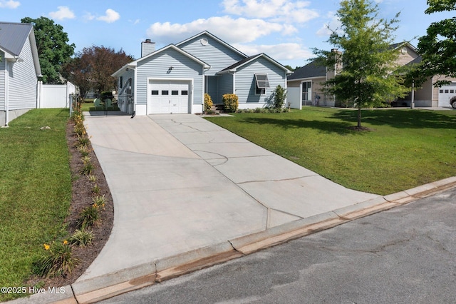 ranch-style house featuring a garage and a front lawn