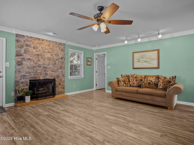 living room with a fireplace, crown molding, light hardwood / wood-style flooring, and track lighting