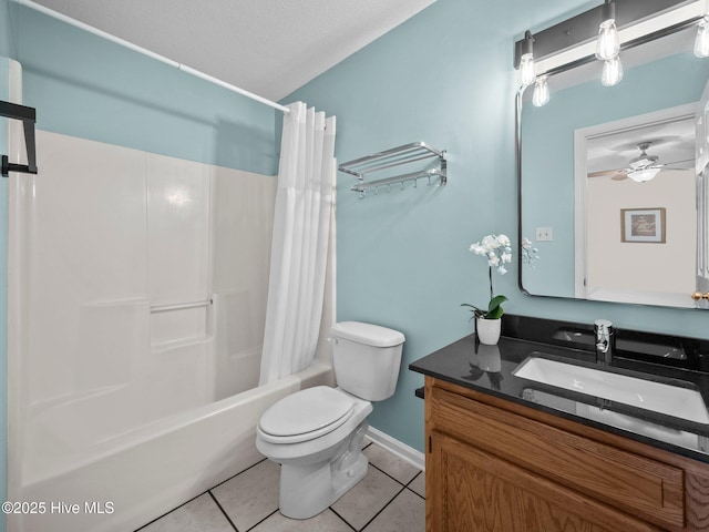 full bathroom featuring shower / bathtub combination with curtain, tile patterned flooring, vanity, a textured ceiling, and toilet