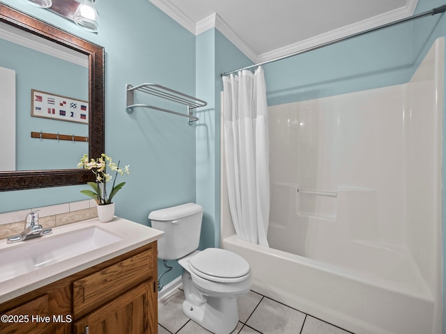 full bathroom with tile patterned floors, toilet, crown molding, vanity, and shower / bathtub combination with curtain