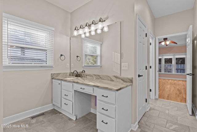 bathroom featuring vanity and ceiling fan