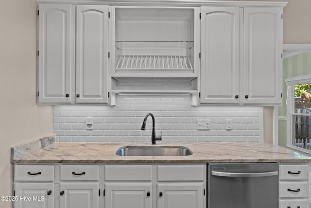 kitchen featuring dishwasher, sink, and white cabinets