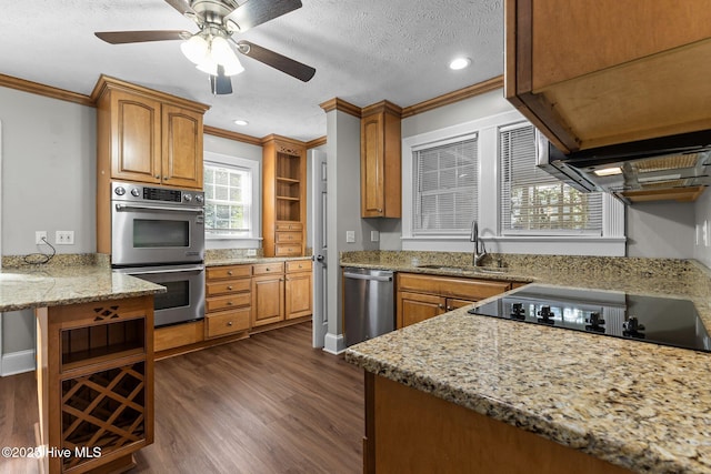 kitchen with sink, crown molding, appliances with stainless steel finishes, a textured ceiling, and dark hardwood / wood-style flooring