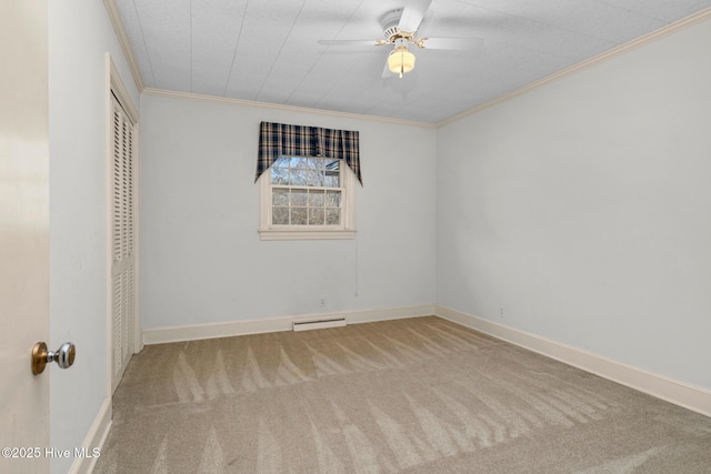 unfurnished bedroom featuring ceiling fan, a closet, carpet floors, and ornamental molding