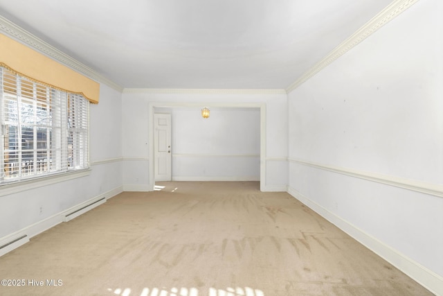 unfurnished room with light colored carpet, ornamental molding, and a baseboard radiator