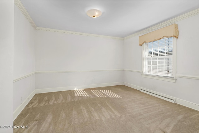 unfurnished room with baseboard heating, carpet, and crown molding