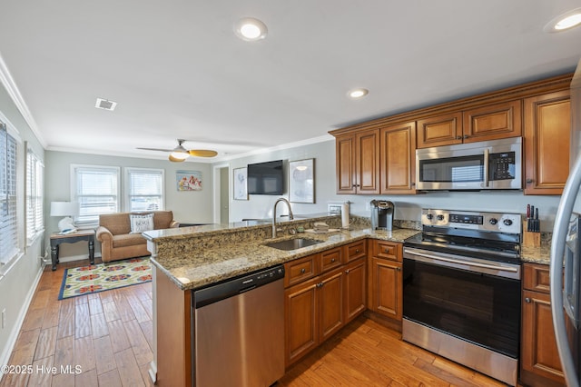 kitchen with appliances with stainless steel finishes, crown molding, kitchen peninsula, and sink