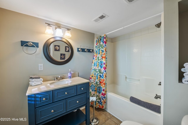 full bathroom featuring shower / bath combo, toilet, tile patterned floors, and vanity