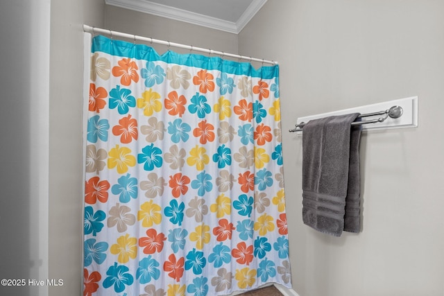 107 Beachwood Dr Unit A2, Atlantic Beach, NC 28512 - bathroom with a shower with shower curtain and ornamental molding