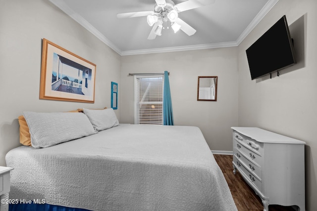 107 Beachwood Dr Unit A2, Atlantic Beach, NC 28512 - bedroom with dark wood finished floors, crown molding, ceiling fan, and baseboards