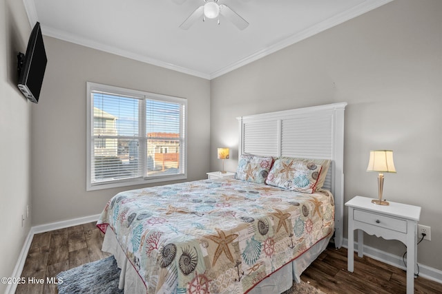 bedroom with ceiling fan, ornamental molding, and dark hardwood / wood-style flooring