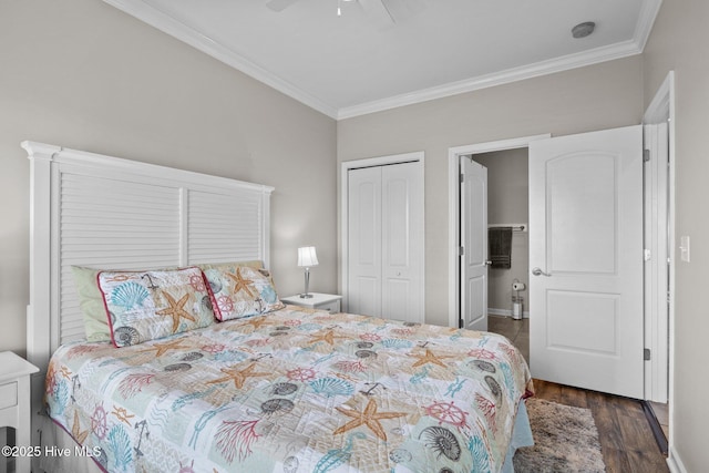 bedroom with dark wood-type flooring, ornamental molding, a closet, and ceiling fan