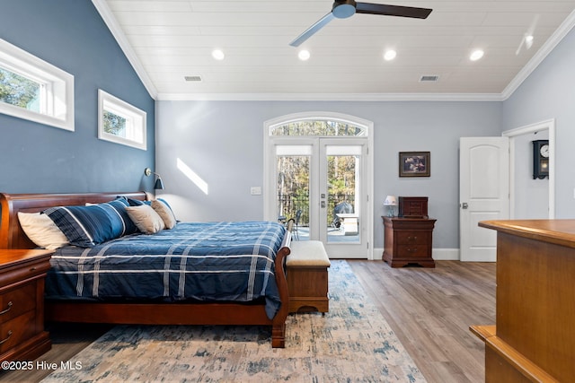 bedroom featuring ornamental molding, access to outside, ceiling fan, light hardwood / wood-style floors, and french doors