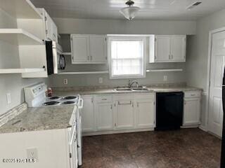 kitchen featuring white electric stove, white cabinetry, black dishwasher, and sink