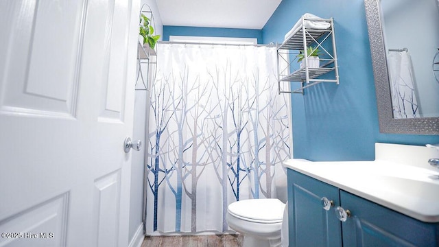 bathroom with vanity, wood-type flooring, and toilet