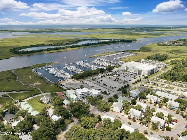 drone / aerial view with a water view