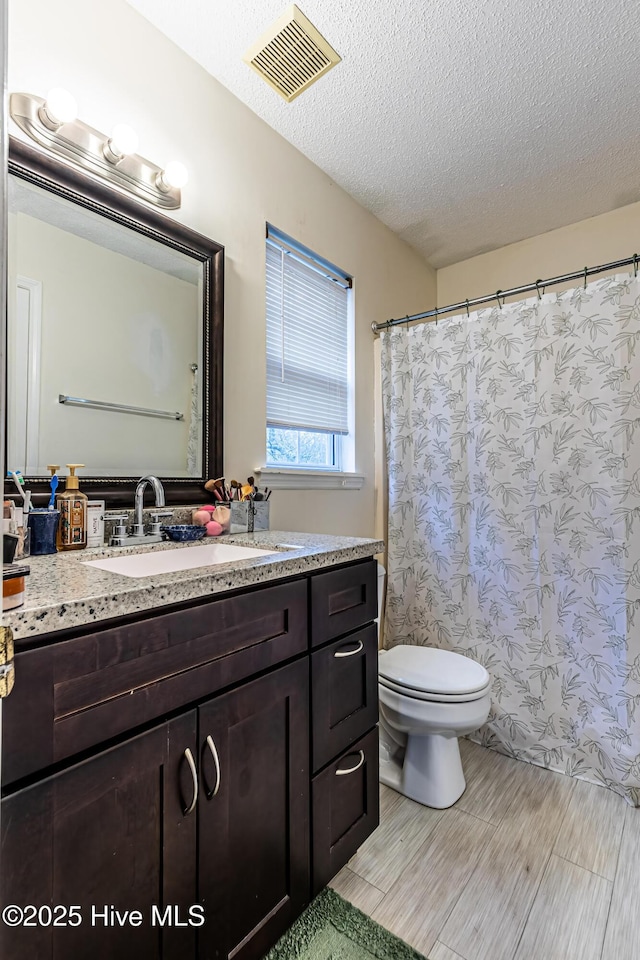 bathroom with toilet, vanity, and a textured ceiling