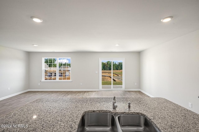 kitchen with light stone countertops, hardwood / wood-style flooring, and sink