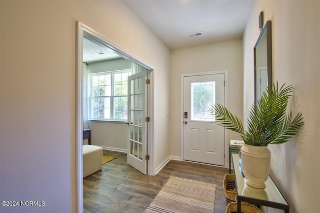 doorway to outside featuring dark wood-type flooring