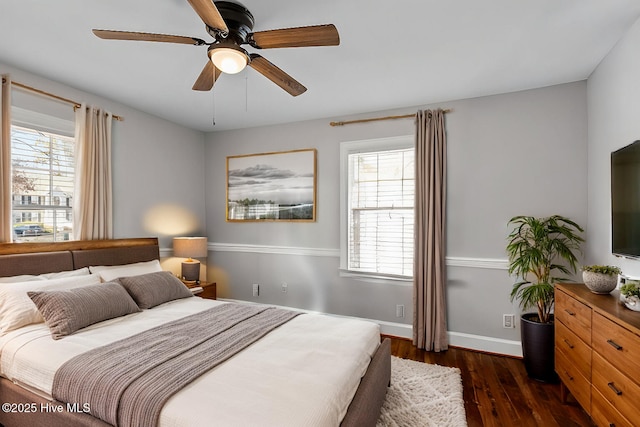 bedroom with ceiling fan, dark hardwood / wood-style floors, and multiple windows