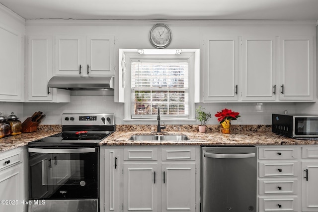 kitchen with sink, white cabinetry, decorative backsplash, and stainless steel appliances