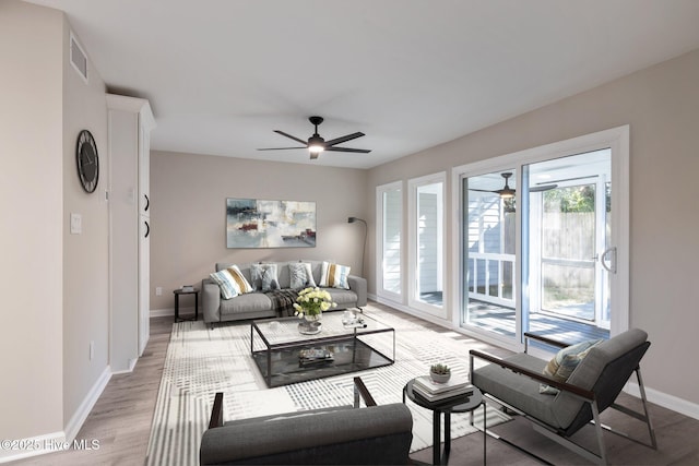 living room with ceiling fan and wood-type flooring