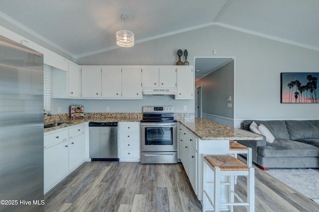 kitchen featuring lofted ceiling, white cabinetry, decorative light fixtures, stainless steel appliances, and light stone countertops