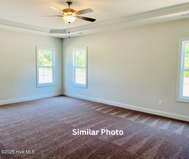 spare room featuring a textured ceiling, a raised ceiling, carpet flooring, ceiling fan, and crown molding