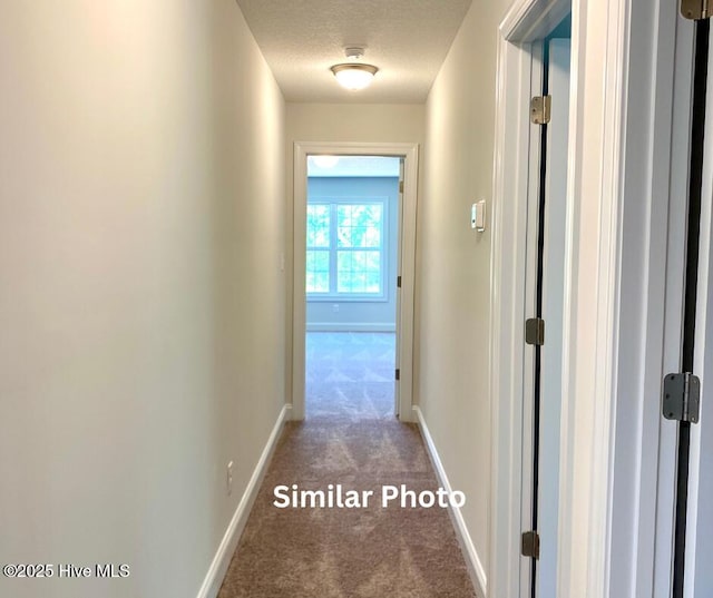 corridor featuring a textured ceiling and carpet flooring