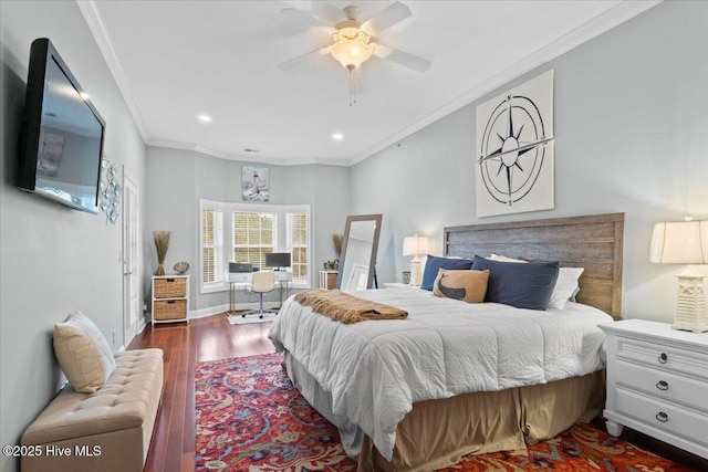 bedroom featuring baseboards, a ceiling fan, dark wood-style floors, crown molding, and recessed lighting