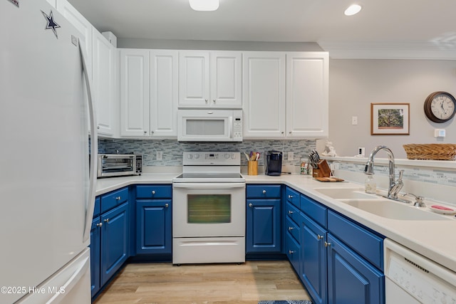 kitchen with white cabinetry, sink, blue cabinets, and white appliances