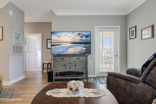 living room featuring crown molding and light hardwood / wood-style floors